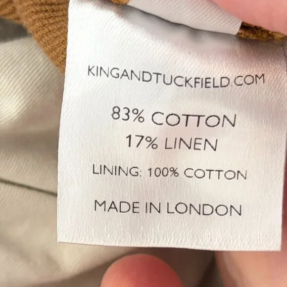 King & Tuckfield men's Tan Tab trousers 29 linen cotton toffee pleated *flaws*